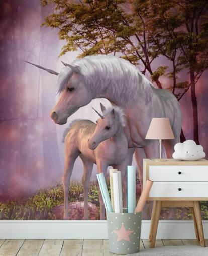 Unicorn and its Foal in Pink Forest Wall Mural Unicorn and its Foal in Pink Forest Wall Mural