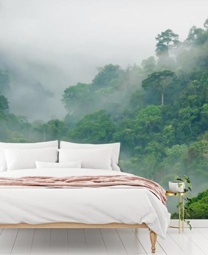 misty trees in rainforest wallpaper