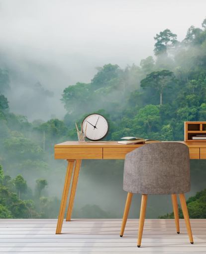 misty trees in rainforest wallpaper
