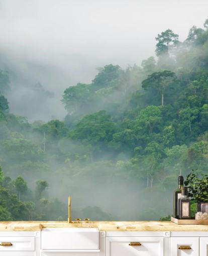 misty trees in rainforest wallpaper