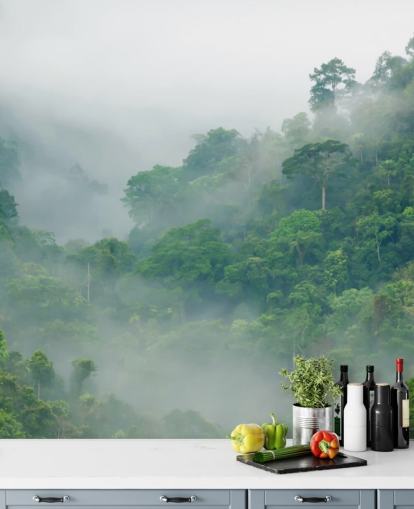misty trees in rainforest wallpaper