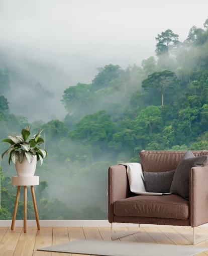 árvores enevoadas na floresta tropical papel de parede