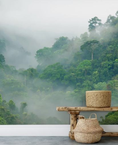 misty trees in rainforest wallpaper