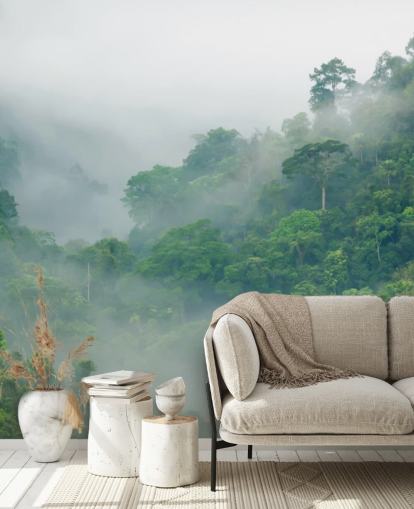 misty trees in rainforest wallpaper