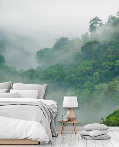 mistige bomen in regenwoudbehang mistige bomen in regenwoudbehang