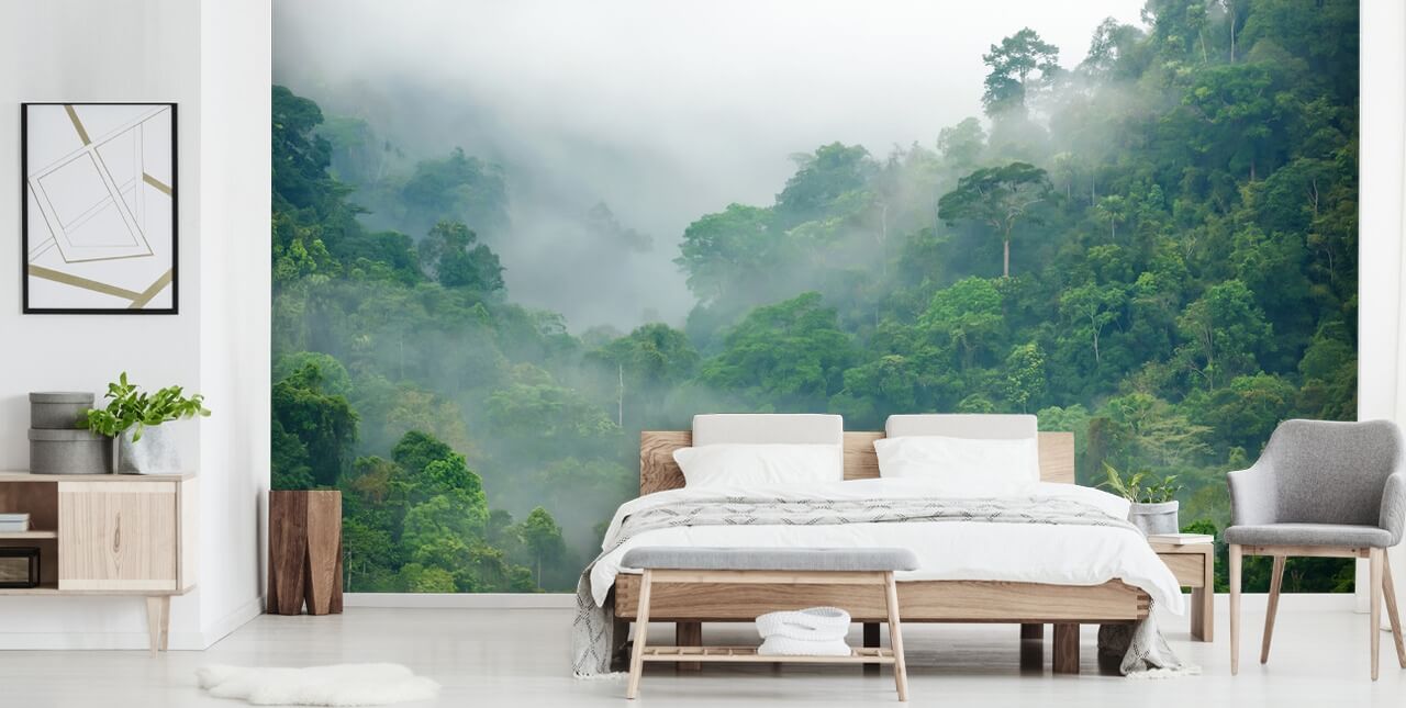 alberi nebbiosi nella carta da parati della foresta