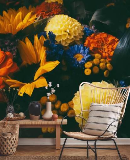 Verbrande oranje en gele bloemen behang