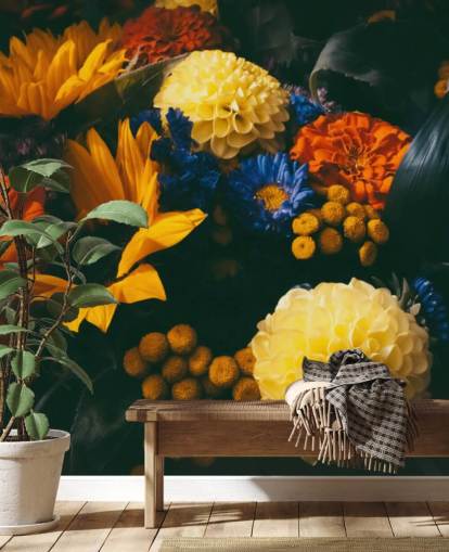 Verbrande oranje en gele bloemen behang