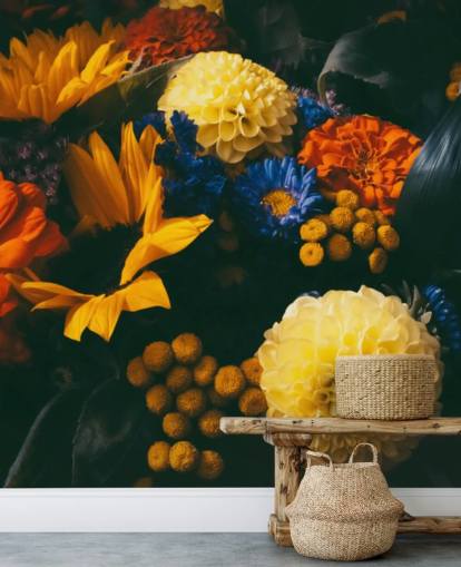 Verbrande oranje en gele bloemen behang