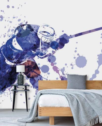mural de papel pintado de hockey sobre hielo morado y blanco llamado Ilustración en acuarela de un jugador de hockey para dormitorios de niños