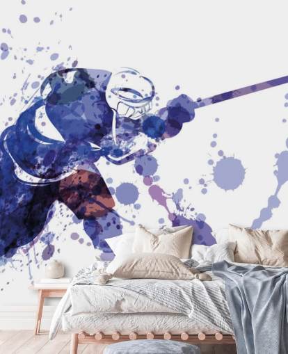 purple and white ice hockey wallpaper mural called Watercolor Illustration of Hockey Player for kids bedrooms purple and white ice hockey wallpaper mural called Watercolor Illustration of Hockey Player for kids bedrooms