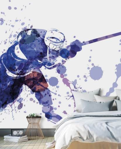 mural de papel de parede de hóquei no gelo roxo e branco chamado Ilustração em aquarela do Hockey Player para quartos infantis mural de papel de parede de hóquei no gelo roxo e branco chamado Ilustração em aquarela do Hockey Player para quartos infantis