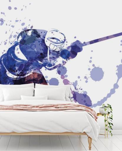 purple and white ice hockey wallpaper mural called Watercolor Illustration of Hockey Player for kids bedrooms
