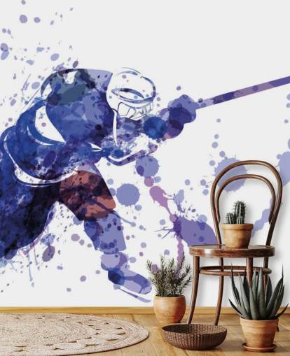 lilla og hvidt ishockey tapetmaleri kaldet Akvarel Illustration af hockeyspiller til børns soveværelser lilla og hvidt ishockey tapetmaleri kaldet Akvarel Illustration af hockeyspiller til børns soveværelser