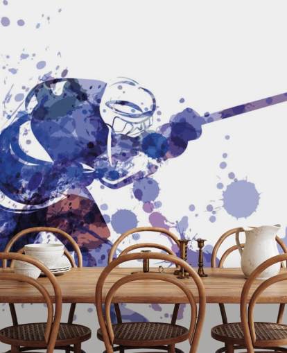 mural de papel de parede de hóquei no gelo roxo e branco chamado Ilustração em aquarela do Hockey Player para quartos infantis