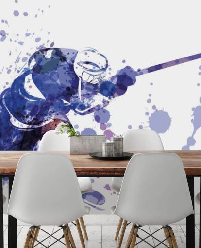 paars-witte ijshockey behangmuurschildering genaamd Watercolour Illustration of Hockey Player voor kinderkamers paars-witte ijshockey behangmuurschildering genaamd Watercolour Illustration of Hockey Player voor kinderkamers