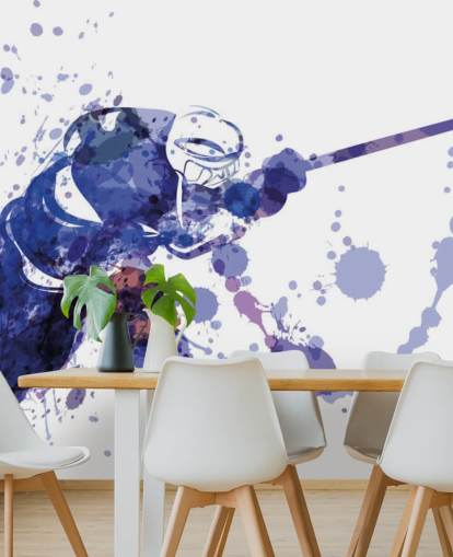 mural de papel de parede de hóquei no gelo roxo e branco chamado Ilustração em aquarela do Hockey Player para quartos infantis mural de papel de parede de hóquei no gelo roxo e branco chamado Ilustração em aquarela do Hockey Player para quartos infantis