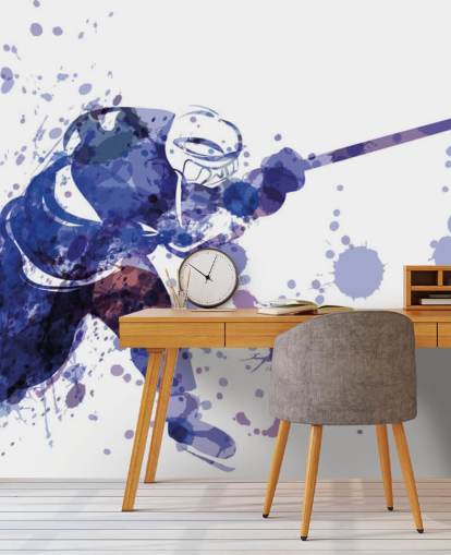 purple and white ice hockey wallpaper mural called Watercolour Illustration of Hockey Player for kids bedrooms