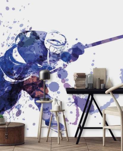 purple and white ice hockey wallpaper mural called Watercolor Illustration of Hockey Player for kids bedrooms