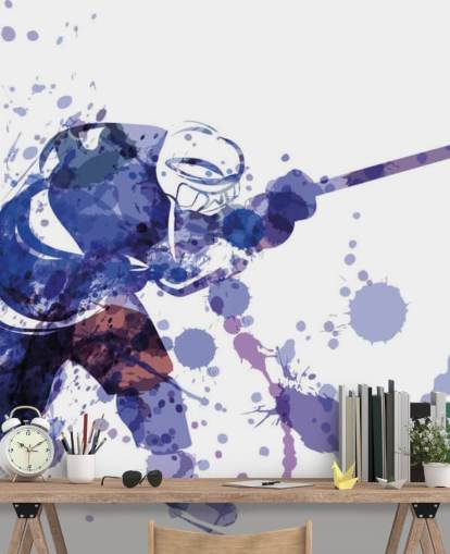 lila-weiße Eishockey-Tapete mit dem Titel Aquarell-Illustration eines Eishockeyspielers für Kinderzimmer