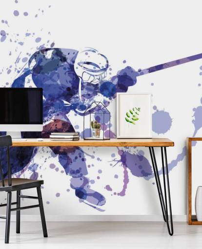 mural de papel pintado de hockey sobre hielo morado y blanco llamado Ilustración en acuarela de un jugador de hockey para dormitorios de niños