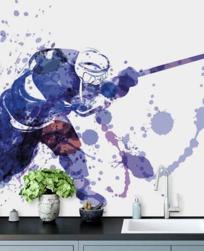 paars-witte ijshockey behangmuurschildering genaamd Watercolour Illustration of Hockey Player voor kinderkamers paars-witte ijshockey behangmuurschildering genaamd Watercolour Illustration of Hockey Player voor kinderkamers