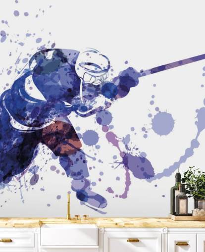 purple and white ice hockey wallpaper mural called Watercolor Illustration of Hockey Player for kids bedrooms