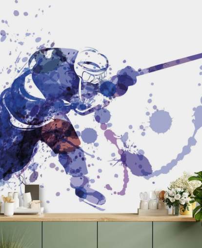 lilla og hvitt ishockey tapetmaleri kalt akvarellillustrasjon av hockeyspiller for barnas soverom