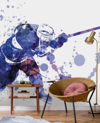 mural de papel pintado de hockey sobre hielo morado y blanco llamado Ilustración en acuarela de un jugador de hockey para dormitorios de niños