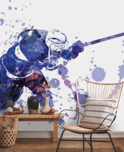 purple and white ice hockey wallpaper mural called Watercolour Illustration of Hockey Player for kids bedrooms purple and white ice hockey wallpaper mural called Watercolour Illustration of Hockey Player for kids bedrooms