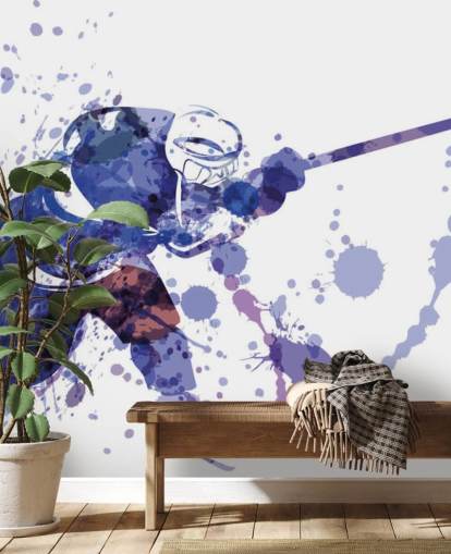 paars-witte ijshockey behangmuurschildering genaamd Watercolour Illustration of Hockey Player voor kinderkamers