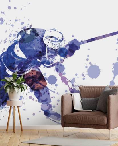 purple and white ice hockey wallpaper mural called Watercolor Illustration of Hockey Player for kids bedrooms