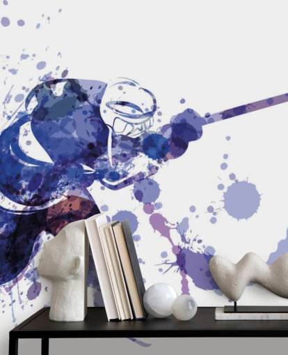 mural de papel pintado de hockey sobre hielo morado y blanco llamado Ilustración en acuarela de un jugador de hockey para dormitorios de niños