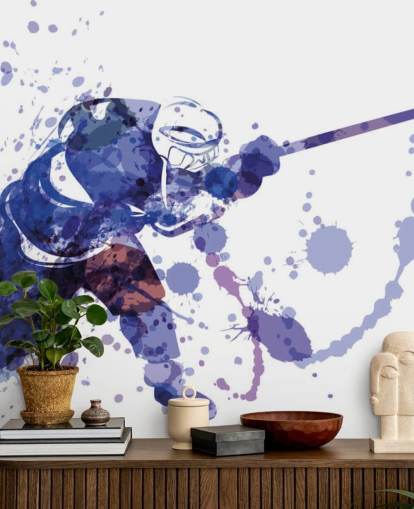 purple and white ice hockey wallpaper mural called Watercolour Illustration of Hockey Player for kids bedrooms