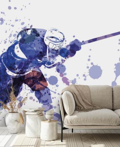 carta da parati murale viola e bianca di hockey su ghiaccio chiamata Illustrazione ad acquerello del giocatore di hockey per le camerette dei bambini