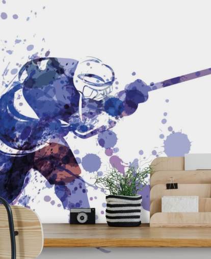 paars-witte ijshockey behangmuurschildering genaamd Watercolour Illustration of Hockey Player voor kinderkamers