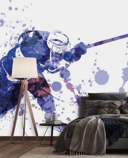 purple and white ice hockey wallpaper mural called Watercolor Illustration of Hockey Player for kids bedrooms