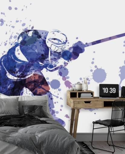 purple and white ice hockey wallpaper mural called Watercolor Illustration of Hockey Player for kids bedrooms