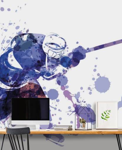 violetti ja valkoinen jääkiekkotaustakuvamaalaus nimeltä Watercolor Illustration of Hockey Player lasten makuuhuoneisiin