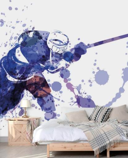 carta da parati murale viola e bianca di hockey su ghiaccio chiamata Illustrazione ad acquerello del giocatore di hockey per le camerette dei bambini