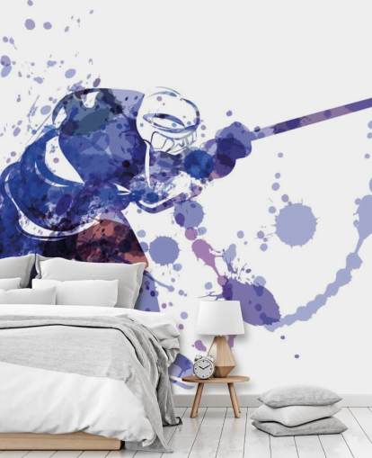 mural de papel pintado de hockey sobre hielo morado y blanco llamado Ilustración en acuarela de un jugador de hockey para dormitorios de niños