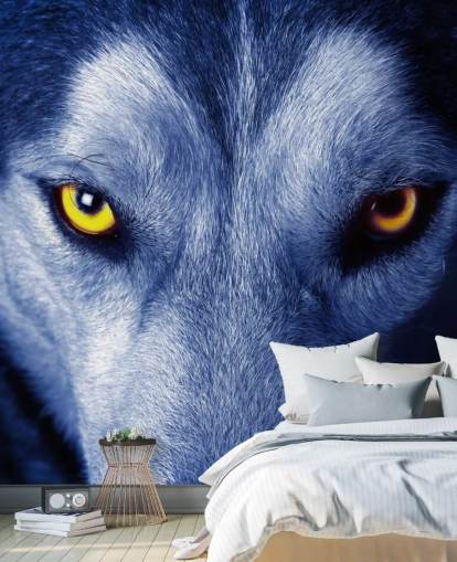 Papel de Parede Close Up of Wolfs Face Olhos Amarelos e Pele Azul Papel de Parede Close Up of Wolfs Face Olhos Amarelos e Pele Azul