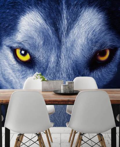 Papel de Parede Close Up of Wolfs Face Olhos Amarelos e Pele Azul