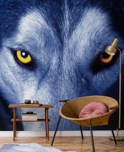 Close Up of Wolfs Face Yellow Eyes and Blue Fur Wallpaper