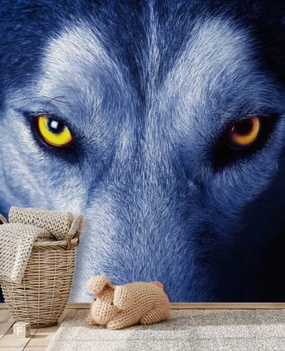 Lähikuva Wolfs Kasvot Keltaiset silmät ja sininen turkis taustakuva Lähikuva Wolfs Kasvot Keltaiset silmät ja sininen turkis taustakuva