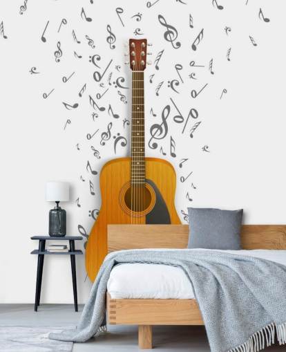 Gitaar met zwarte noten zwevend op witte achtergrond muurschildering Gitaar met zwarte noten zwevend op witte achtergrond muurschildering