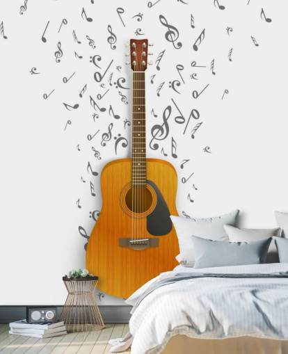 Guitar with Black Notes Floating Out on White Background Wall Mural Guitar with Black Notes Floating Out on White Background Wall Mural