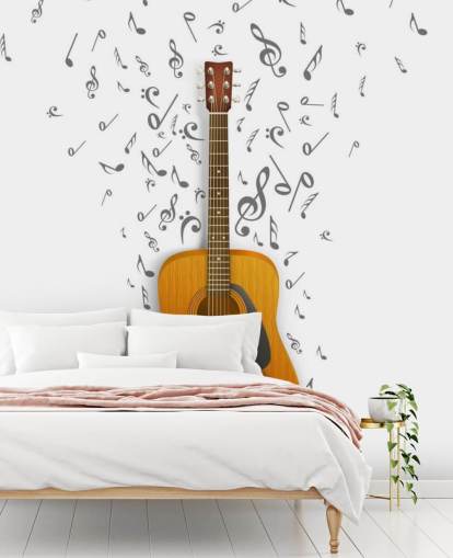 Gitar med svarte notater flyter ut på hvit bakgrunn veggmaleri