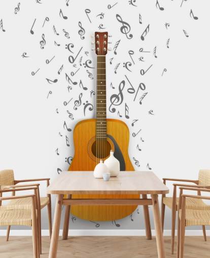 Gitaar met zwarte noten zwevend op witte achtergrond muurschildering