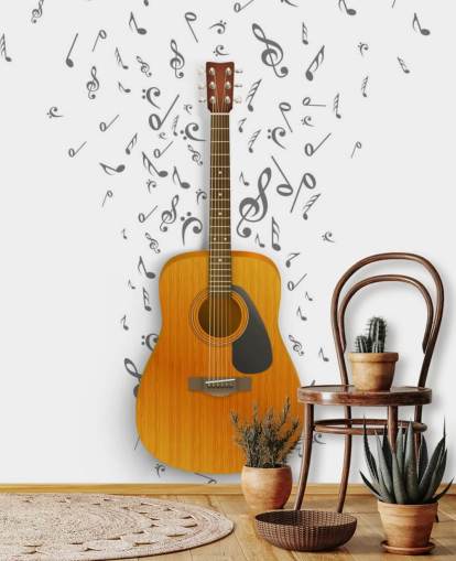 Guitar med sorte noter flyder ud på hvid baggrund vægmaleri